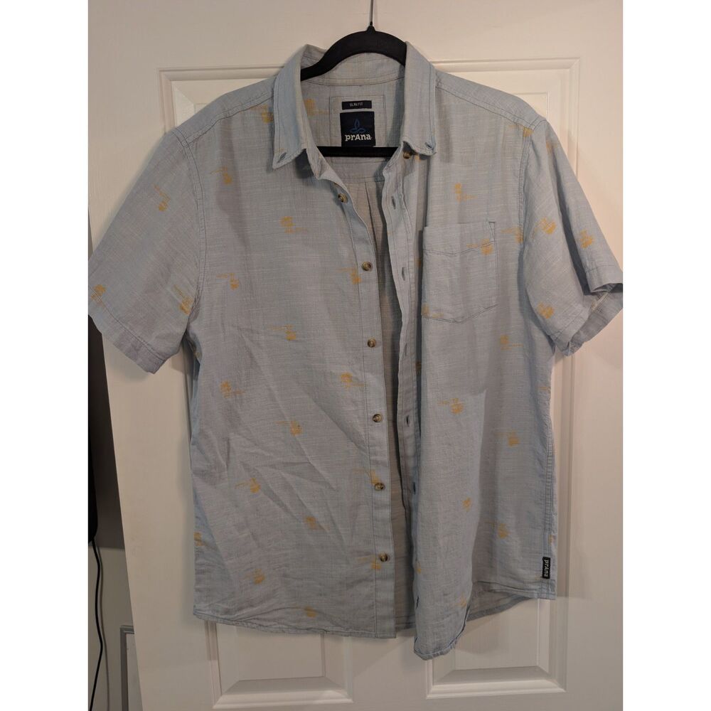 prAna Short Sleeve Button Up Shirt Large Blue Palm Tree Print Organic Cotton